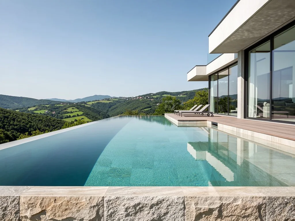 Piscine à débordement à effet miroir dominant une vallée verdoyante