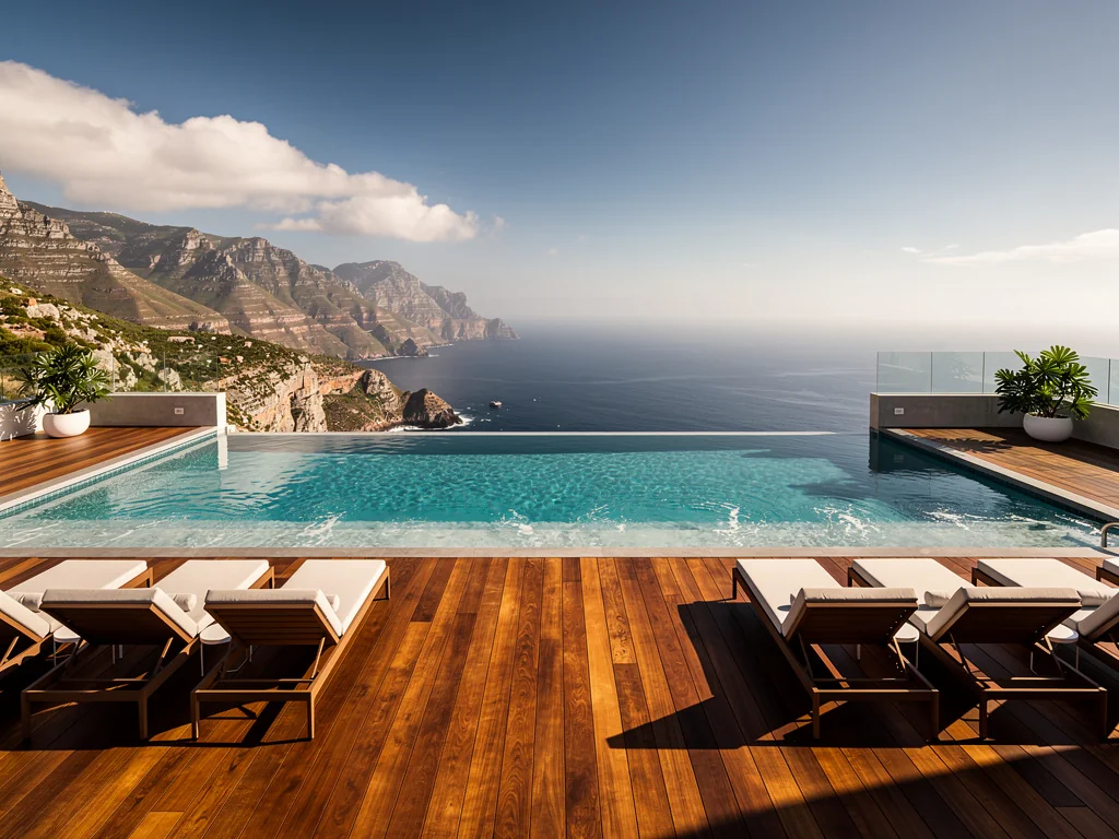 Piscine à débordement en terrasse avec vue sur le littoral