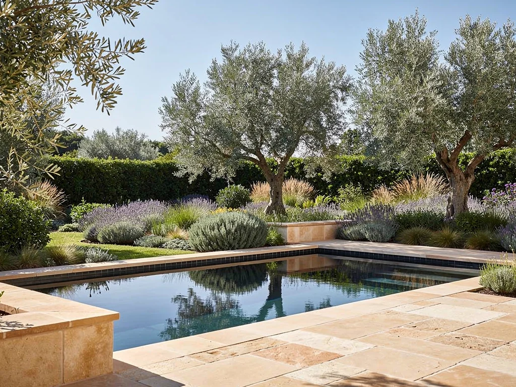 Piscine miroir intégrée dans un jardin méditerranéen en pierre naturelle