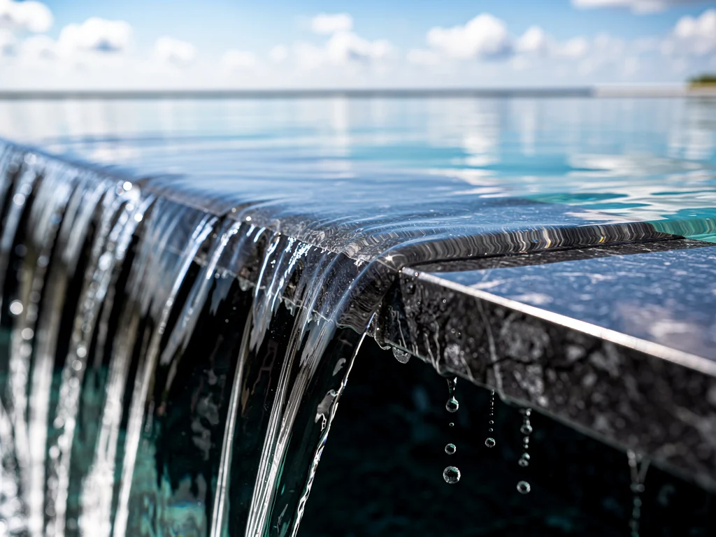 Détail de la lame d'eau franchissant la margelle d'une piscine à débordement